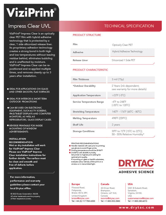 Drytac ViziPrint Impress Clear optically clear PET film