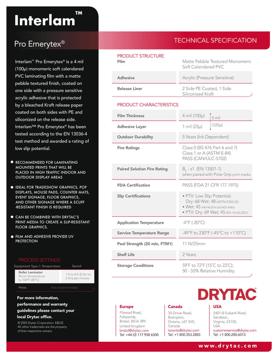 Drytac Interlam™ Pro Emerytex Matte Laminate, 4mil, 54" x 150'