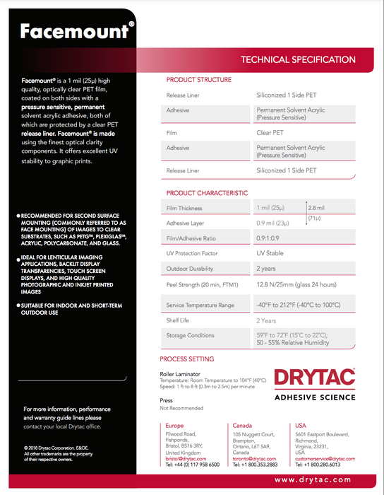 Drytac FaceMount high quality Optically Clear Mounting Adhesive