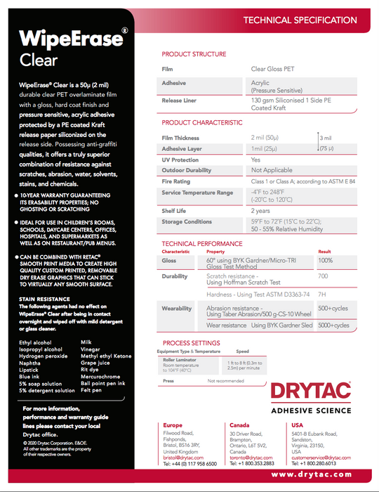 Drytac WipeErase Clear PET Dry Erase Laminate Film